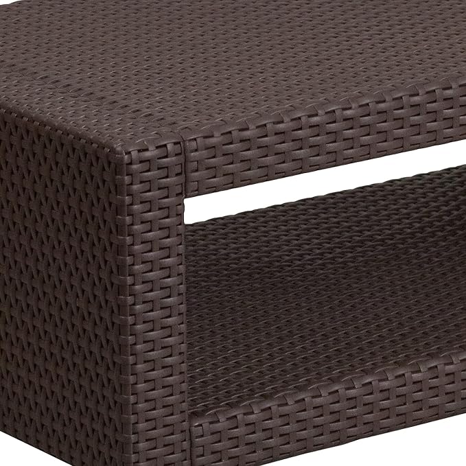 BOWERY HILL Modern Wicker Patio Coffee Table, Chocolate Brown Finish, 36.5 x 22 x 15 in, Resin Frame with Rattan Style Top, Open Shelf, Durable Outdoor Coffee Table for Patio or Deck Use