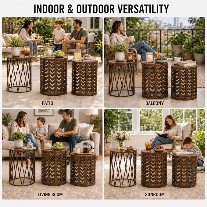 Y&M Set of 3 Black with Bronze End Tables, Nesting Metal Round Coffee Table, Heavy Duty Metal Plant Stand Garden Stool, Outdoor Multifunctional Use