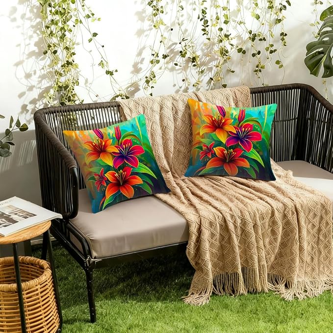 22x22 Inch Outdoor Pillow Covers Set of 2 Waterproof Throw Pillow Covers Decorative Couch Cushion Covers Neon Orange Green Flowers Square Pillowcases Protectors for Patio Garden Sofa