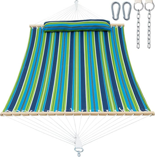 GAFETE Hammock 2 Person Quilted Fabric Hammocks for Outside, Double 12ft Hammocks with Spreader Bar, Large Removable Pillow, Storage Bag, Carabiners, Max 475 lbs Capacity (Garden)
