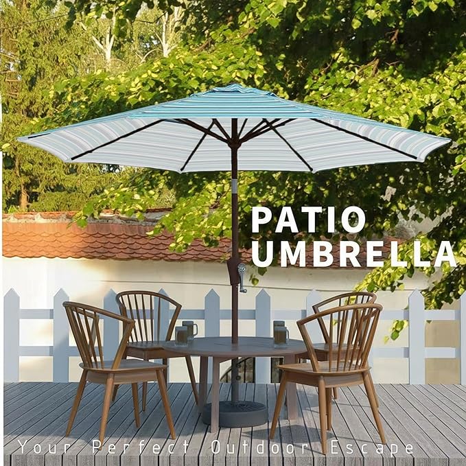 10FT Patio Umbrella, Outdoor Umbrella with Push Button Tilt and Crank, 8 Sturdy Ribs, UV Protection & Waterproof Market Umbrella for Pool, Backyard, Beach,Deck (Blue Green Stripes)