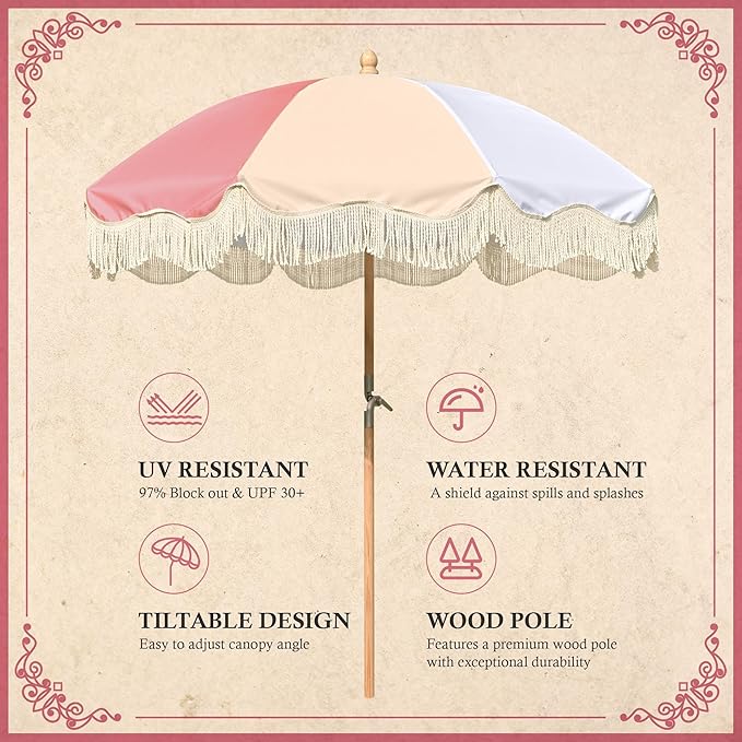LAGarden Fringe Patio Umbrella with Carry Bag & Cover Vintage Wood for Event Outdoor Garden Yard Wedding Bistro Table