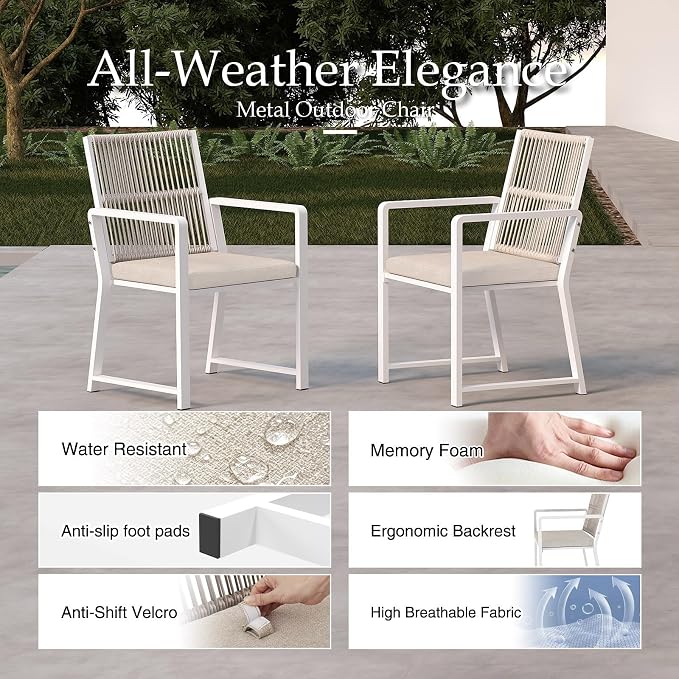 Outdoor Patio Wicker Rattan Dining Chairs, Heavy-Duty Wrought Iron Frame Supports 400lbs, Ergonomic Backrest, Detachable Breathable Cushion, for Garden & Porch, White, Set of 2