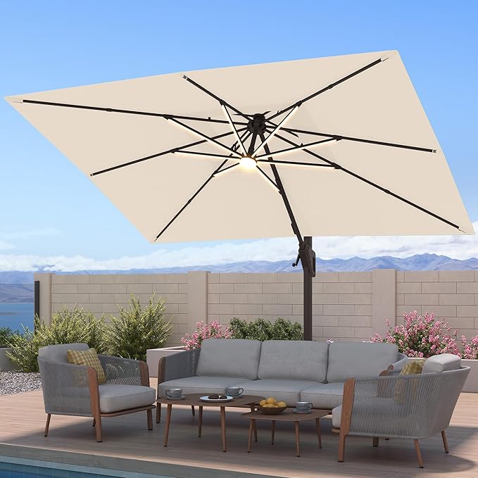 10x13 FT Patio Umbrella with Weighted Base and LED Lights Cantilever Outdoor Large Heavy Duty Rectangle Aluminum Offset Umbrellas Double Top 360 Rotation for Pool Deck Garden, Beige