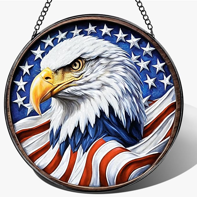 Stained Glass Window Hanging, Stained Glass Suncatcher, 8" American Eagle Sun Catchers Indoor Window Ornament, Gifts for Patriotic, Independence Day Decorations | Gifts for Women, Men, Dad, Father