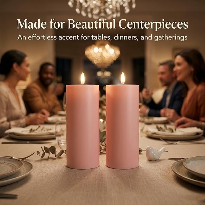 Pink Flameless Pillar Candles 3x8 Set of 2, Outdoor Battery Candles for Room Decor, Weather-Resistant Decorative Candles for Table Centerpiece