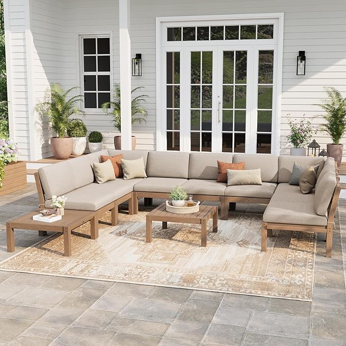 Stoog 11-Piece Patio Furniture Set, U-Shaped Modular Patio Sofa Set - Gap-Free & No Shifting Design, HIPS Frame & Olefin Cushions for All-Weather Use, Teak