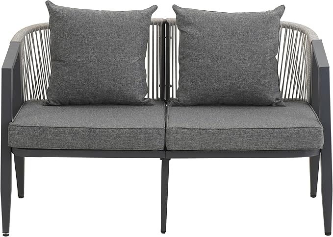 GDFStudio Aoxwe 4 Piece Outdoor Conversation Set, Rope Woven Club Chairs, Woven Open Back Loveseat, Slats Panel Design Coffee Table, Iron Frame Sectional Conversation Set for Poolside, Gray