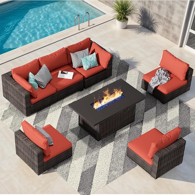 Patio Furniture Set with Fire Pit Table, Outdoor Sectional Rattan Sofa Set, Patio Set Seating Furniture with Thickened Cushions (Red, 7 Pieces)