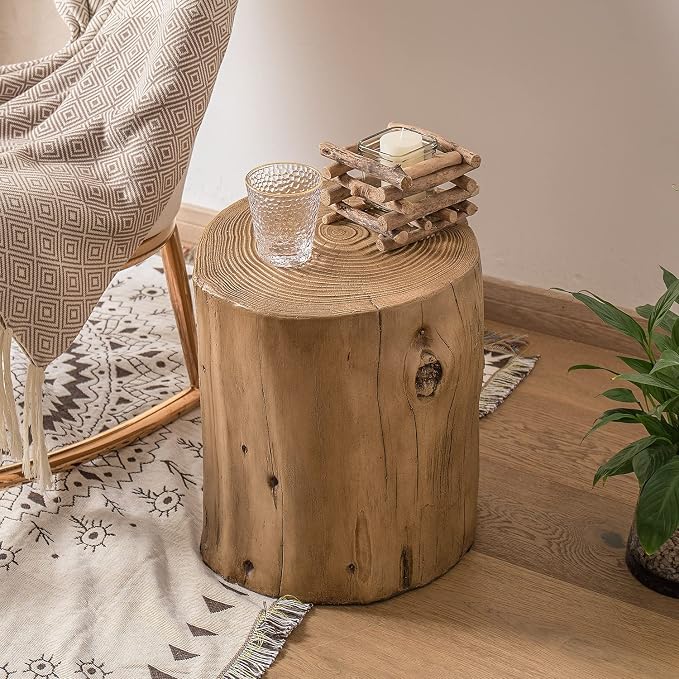 COSIEST 2 Pieses Outdoor Side Table, Hand-Painted Wood Stump Side Table Set of 2, Faux Wood Stool, Ottomans, Plant Stand, Deck or Garden (Light Oak)