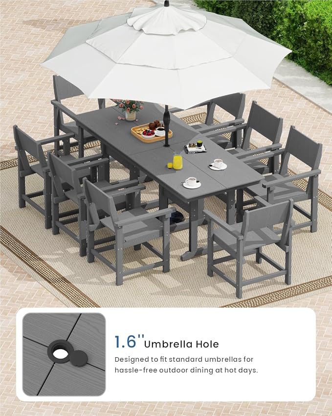 9-Piece HDPE Outdoor Dining Set, Weatherproof Patio Table and Chairs Set for 8, Includes 82.7'' Dining Table and 6 Armchairs, with Umbrella Hole (Grey)