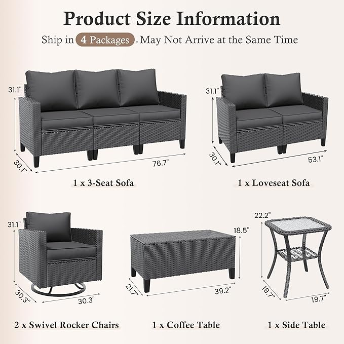 Amopatio Patio Furniture Set, 6-Piece Wicker Outdoor Sectional Sofa with Swivel Rocker Chairs, Rattan Conversation Set with Storage Coffee Table and Waterproof Cover for Backyard Black/Dark Grey