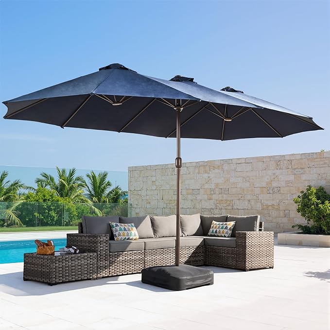 15Ft Patio Umbrella - Large Beach Umbrella W 12 Sturdy Ribs,UPF50 Outdoor Table Umbrella,Picnic Market Umbrella W Base Crank Handle for Pool,Yard,Garden