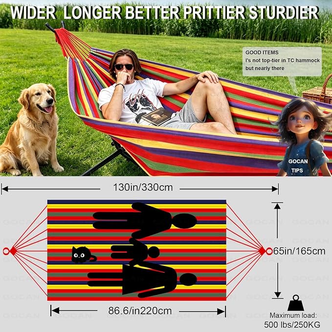 GOCAN Brazilian Double Hammock 2 Person Extra Large 220x160cm Total Length 330cm Load 500lb Canvas Cotton Hammock for Patio Porch Garden Backyard Lounging Outdoor and Indoor(Rainbow) XXL
