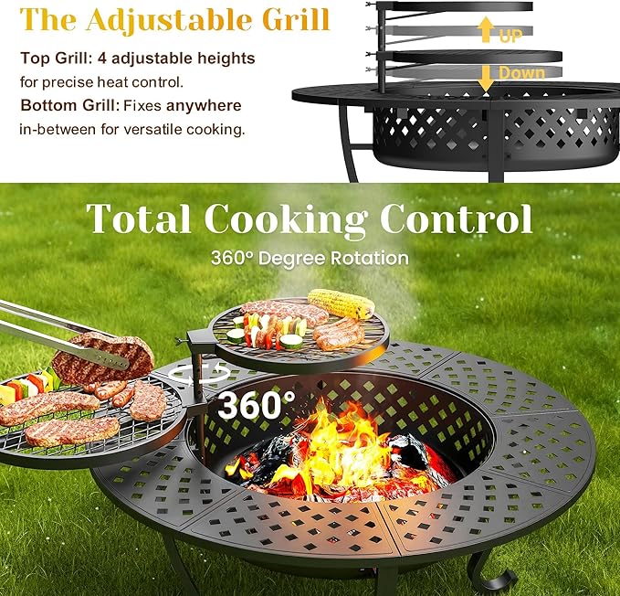 8 Pieces Outdoor Conversation Sets, Aluminum PatioCouch with Metal Fire Pit Table, All-Weather PatioCouch with 5" Thick Cushion, 43'' Firepit Outside Wood Burning with Adjustable 2 Grills, Light Gray