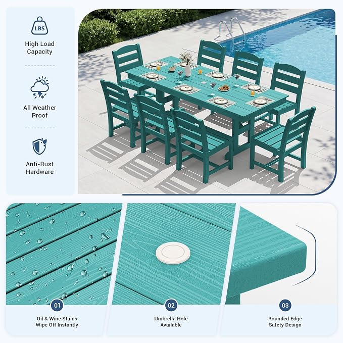KINGYES Outdoor Dining Table,84 inch HDPE Rectangular Patio Table with Umbrella Hole，Waterproof Patio Furniture for Backyard,Aruba