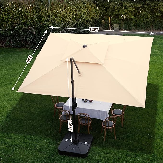 9 X 12 FT Cantilever Outdoor Patio Umbrella with Base Included Large Heavy Duty 360° Rotation Double Top Offset Rectangular Umbrellas with LED Lights for Backyard Outside Deck, Beige