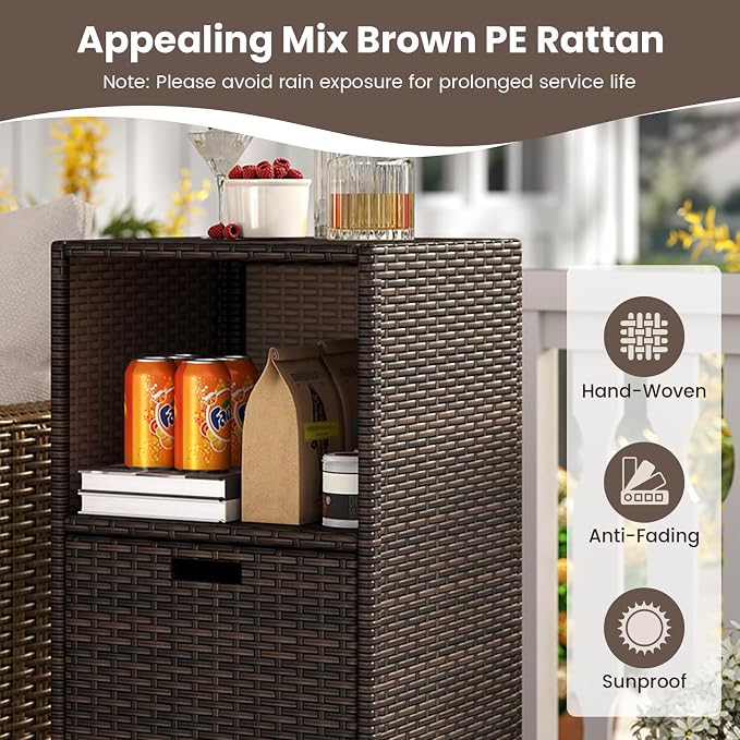 Tangkula Rattan Outdoor Storage Cabinet, Patiojoy Outdoor Wicker Cabinet with 3 Shelves, 1 Removable Drawer, Patio Storage Deck Box for Backyard Poolside Porch