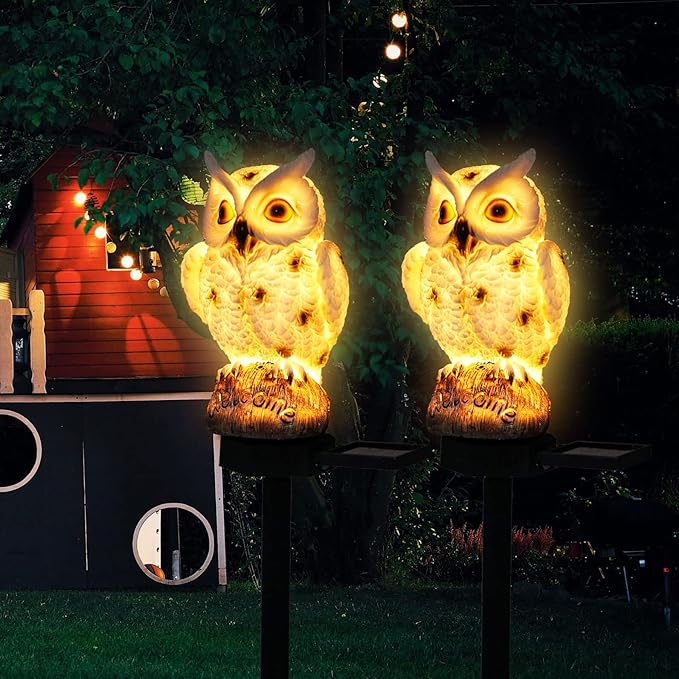 SmilingTown Solar Garden Lights Resin Warm White LED Figure Waterproof Decorations with Stake for Outdoor Yard Pathway Outside Patio Lawn Decor 2 Pack (Owl)