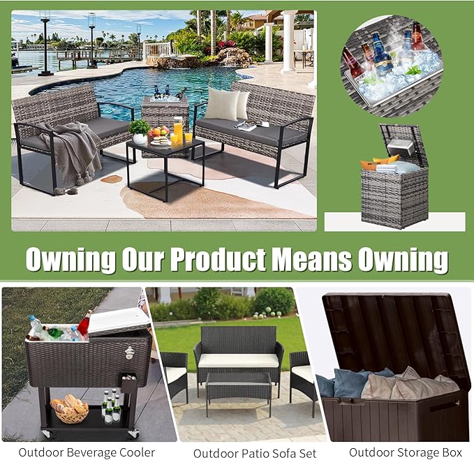 FHFO 5 Piece Outdoor Patio Furniture Set with 28”Gas Fire Pit Table & Ice Bucket Storage Box, Outdoor Wicker Rattan Patio Conversation Set for Outside, Poolside, Balcony, Porch, Grey-Grey