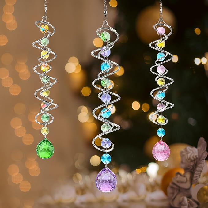 Set of 3 Crystal Spiral Wind Spinner Gazing Ball Decor | Crystal Suncatcher Rainbow Maker with Spiral Tail Hanging for Outdoor Garden Patio Porch Christmas Window Decor