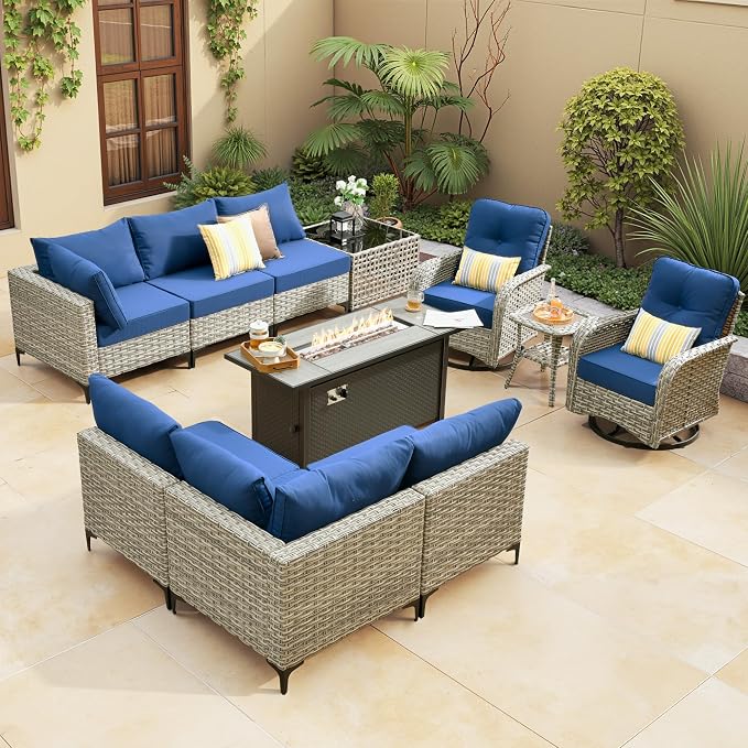 Outdoor Sectional Patio Furniture Set with Fire Pit Table,11 Pieces Rattan Wicker Conversation Sets L Shaped Couch,Out Door Furniture with Swivel Chairs Glowing Coffee Table,Navy Blue