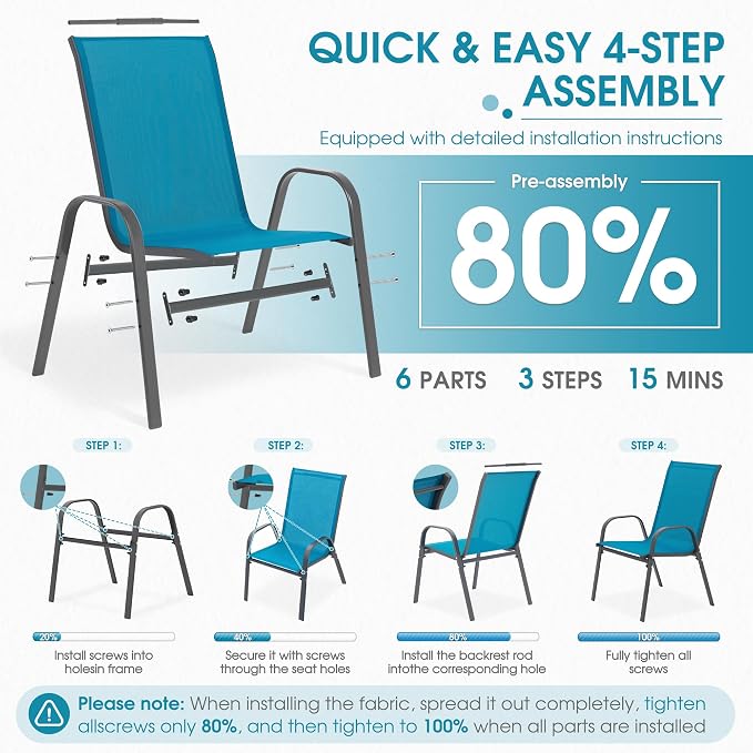 24.4" Wide Outdoor Stackable Chairs Set of 4, Stacking Patio Chairs with Textilene Fabric, Outside Furniture for Garden Backyard Balconie Poolside Deck, Blue
