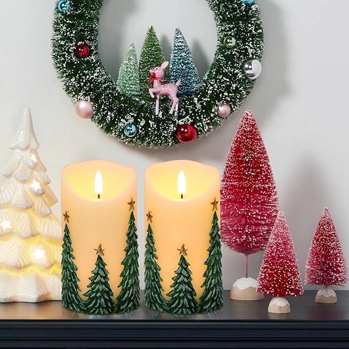 Christmas Tree LED Candles with 6H Timer, flameless Candles with Flickering Flame, Waxy Pillar 2 Pack Flickering Star Decor for Fall Christmas Decor (3 inches x 5.7 inches)