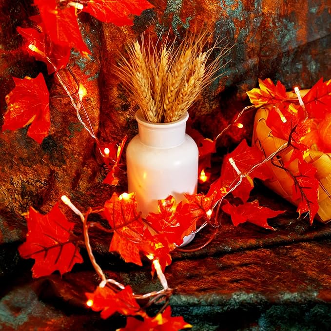 VCOKEN Thanksgiving Decorations Fall Garland with Lights, 24LED Battery Operated Thanksgiving Lights with Timer, Fall Decor for Home, Table, Mantle, Office, Outdoor, Autumn, Halloween, Yellow