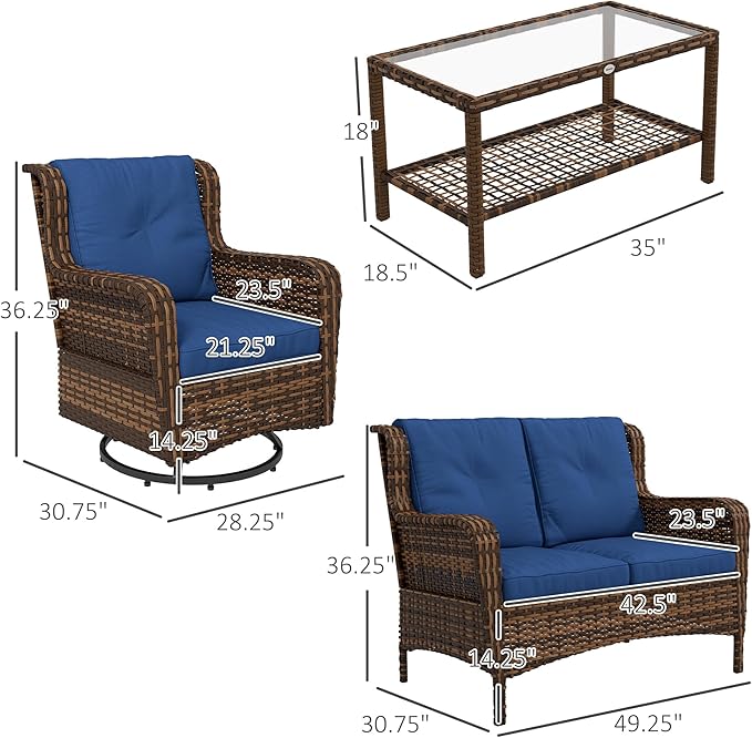 Outsunny 4 Piece PE Rattan Outdoor Patio Furniture Set, Wicker Conversation Set with 2 Swivel Glider Chairs, 2-Tier Glass Table and Loveseat for Garden, Patio, Poolside, Blue
