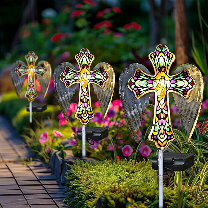 YJFWAL Solar Glass Cross Garden Stake Light, Cemetery Decorations for Grave Outdoor Lights, Easter Jesus Cross Angel Wings Sympathy Memorial Gifts, for Garden Lawn Yard Patio Decor