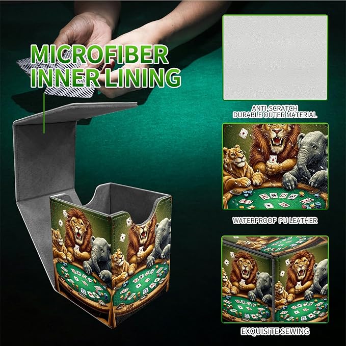 Deck Box for MTG, Cards Storage Box Fits 120+ Sleeved, Leather Medium Size Strong Magnetic Closing Card Case for Board Games Magic TCG CCG Baseball Collection, Elephant Lion
