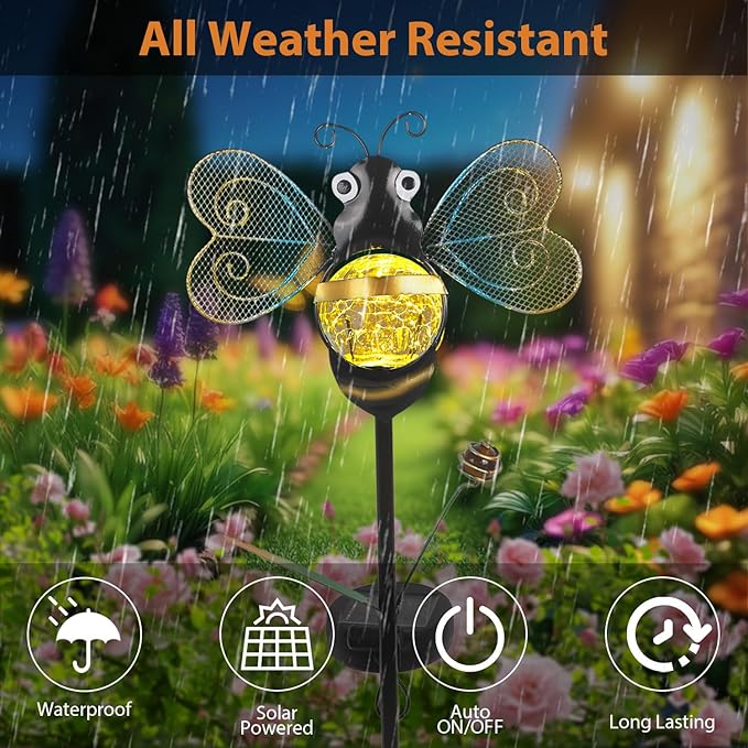 Solar Bee Garden Stakes Lights Outdoor Waterproof 2 Pack Metal Garden Stakes Decorative Bee Decor for Outside Yard Lawn Patio Decorations Whimsical Solar Lights Outdoor Gardening Gifts for Women