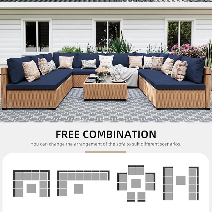 UPHA 9 Pieces Patio Furniture Sets, Wicker Outdoor Sectional Sofa Couch with Coffee Table, Patio Conversation Set for Deck Backyard Garden, Beige Rattan, Navy Blue Cushion