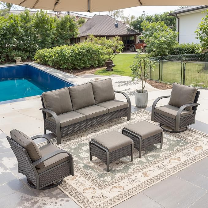 Belord Outdoor Swivel Rocker Patio Chairs Set of 2, 3 Piece Wicker Patio Bistro Set with Metals Side Table and Comfort High Back 4" Cushion Outdoor Patio Glider Chair for Balcony Deck Porch