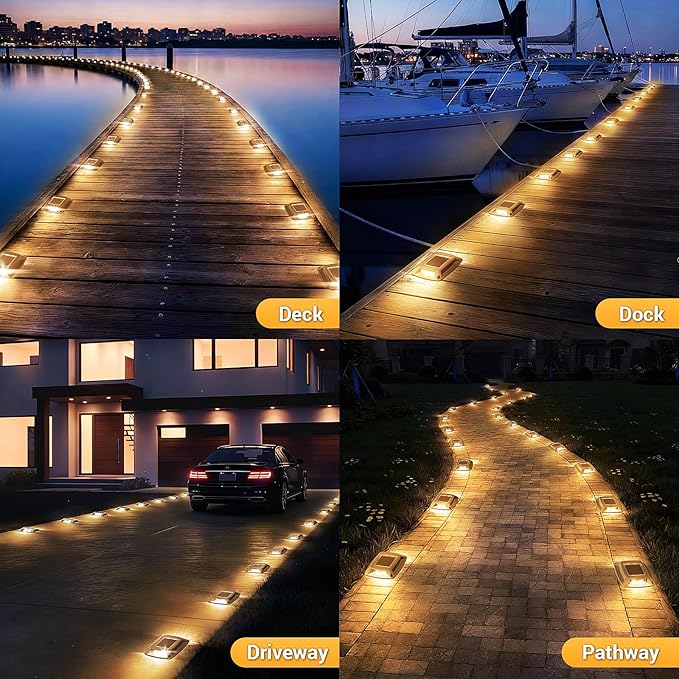 Solar Driveway Lights Outdoor 16 Pack, IP68 LED Solar Powered Waterproof Driveway Marker Deck Dock Lights for Dock Step Pathway Walkway Sidewalk Garden Yard Stair Marine (Warm)