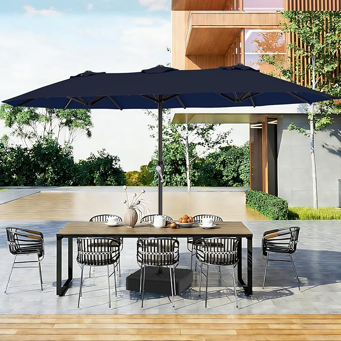 AreShark 15FT Outdoor Patio Umbrella with Crank, Large Rectangular Market Umbrella, Double-Sided Outdoor Umbrellas with Cross Base & Sandbag for Porch, Lawn, Pool, Backyard, Navy