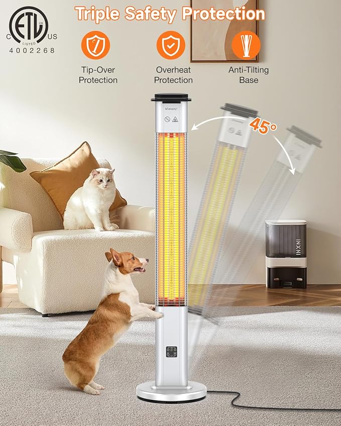 blessny Electric Heater for Patio, 48.5" Large Standing Premium Space Heater IP65 Waterproofed for Indoor or Outdoor Use,1500W with 9 Hours Timer