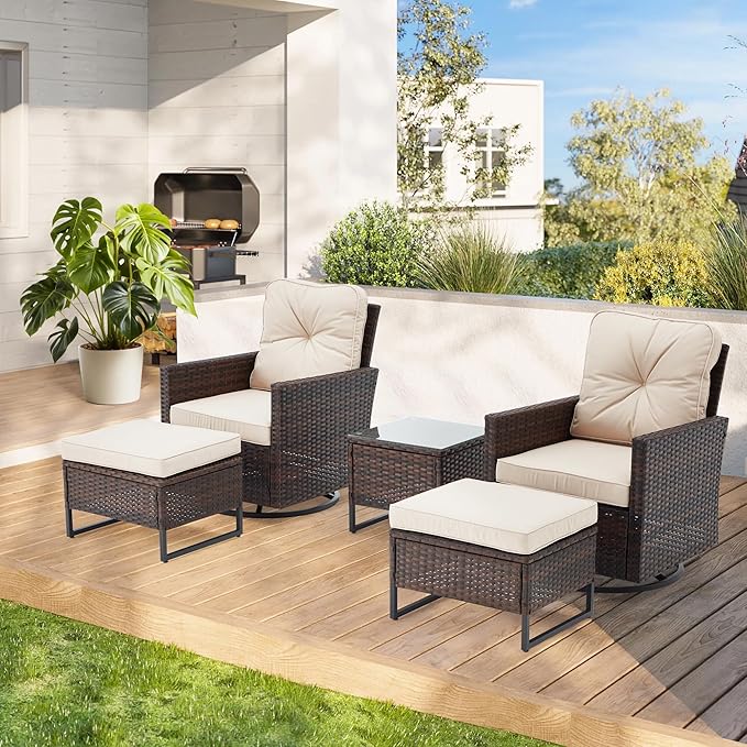 AVAWING 5 Pieces Patio Furniture Set, Wicker Swivel Glider Chairs with 2 Ottomans and 1 Side Table, Patio Chairs with Waterproof Blue Cushions for Garden, Backyard and Porch,