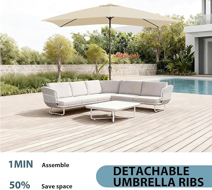 6.5x10FT Rectangular Patio Umbrella with Push Button Tilt & Crank Lift for Garden,UV Protection Outdoor Umbrella for Deck,Pool and Yard,Beige