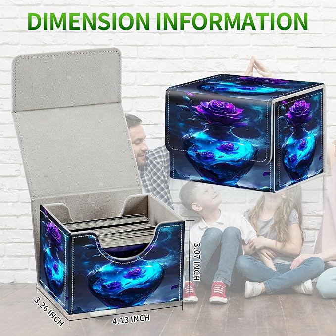 Card Deck Box for MTG, Cards Storage Box Fits 120+ Sleeved, Leather Small Size Strong Magnetic Closing Card Case for Board Games Magic TCG CCG Baseball Collection, Purple Rose Vase