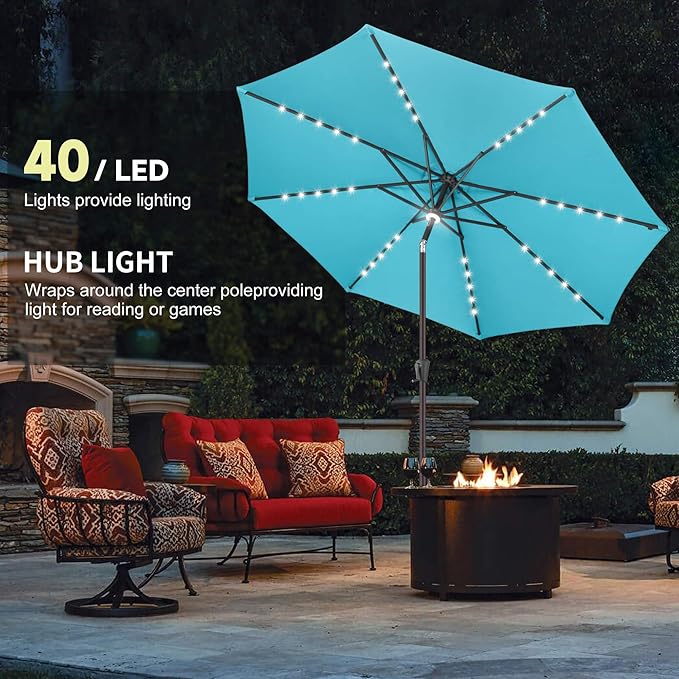 11FT Solar Umbrella Outdoor - Lighted Solar Patio Umbrella with 40 LED Lights Waterproof UV Protection, Table Umbrella with Tilt for Pool, Porch, Garden, Deck, Backyard - Aqua Blue