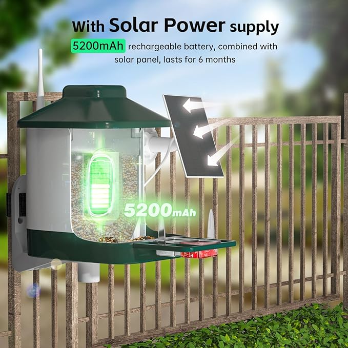 Smart Bird Feeder with Camera, AI Identify Bi rd Species Solar Powered,Full HD Live Video Bird Feeder Camera, 2.4Ghz WiFi, Instant Arrival Alerts - Best Gifts for Bi rd Lover