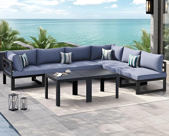NICESOUL 8 Piece L Shaped Modern Aluminum Outdoor Patio Furniture Set, 29" Wide Deep Sitting, Large Fade Resistant Modular Sectional Sofa, 500 lbs Sturdy Comfy Conversation Set for Garden, Denim Blue