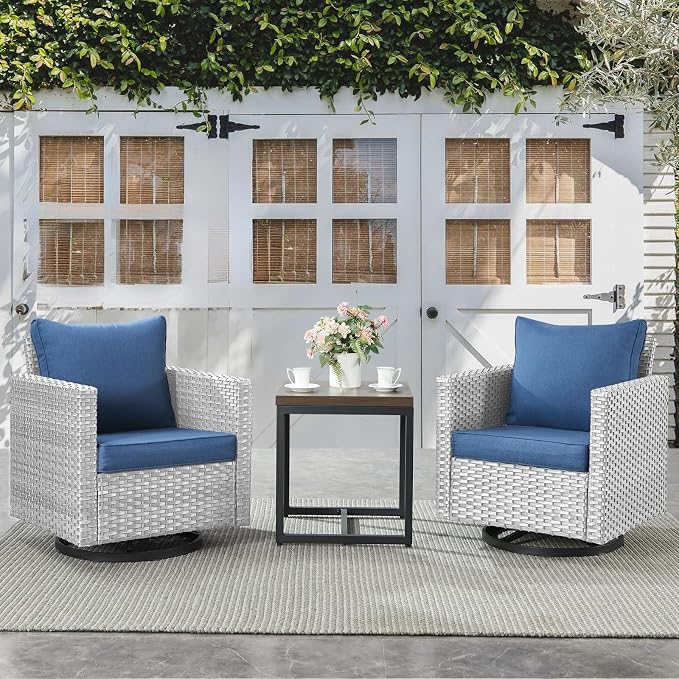 Belord Outdoor Bistro Set 3 Piece Wicker Swivel Rocker Patio Chairs, Oversize Outdoor Rattan Seating Set, Patio Swivel Glider Chairs Wicker Furniture with Metal Side Table for Porch Backyard