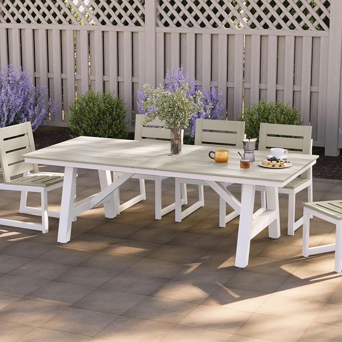 WestinTrends Cape May 90" HDPE Rectangle Outdoor Patio Dining Table with Umbrella Hole and Metal Frame, Sand