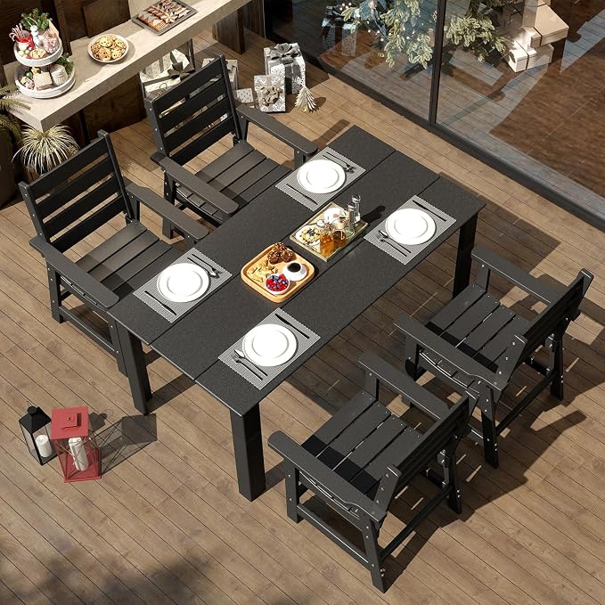 IVY&LANE Outdoor Dining Table | HDPE | 67’’ Rectangle Tables | Black | All Weather | Umbrella Hole | Patio Furniture | for Poolside Lawn Garden Backyard
