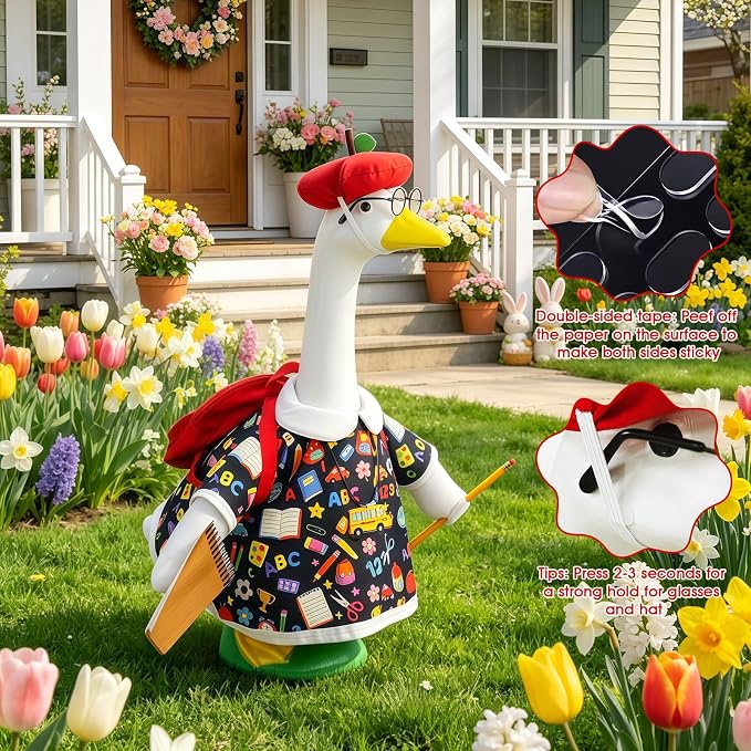 Back to School Porch Goose Outfits for 17''/23'' Goose Statues, First Day of School Goose Clothes with Apple Hat, Glasses, Pencil, Notebook, Backpack for School & Classroom Decor