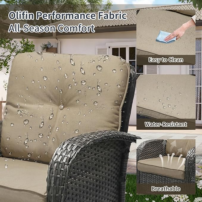 SHGJ&SOFT 3 Piece Patio Furniture Set, 2 Outdoor Swivel Rocking Chairs with Side Table, Wicker Glider Chairs, All-Weather Rattan Bistro Set for Porch, Deck, Pool (Khaki, Grey Full-Weave Rattan)