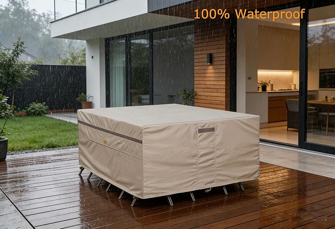 600D Heavy Duty Waterproof Patio Furniture Covers UV Resistant Rectangualr Outdoor Table and Chair Covers 111" Wx 74" D x 28" H Beige